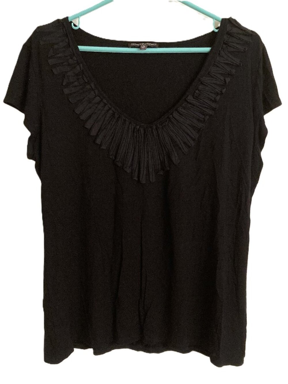 Adrienne Vittadini Women's Black Ruffle V-neck Short Sleeve Shirt Top Size XL